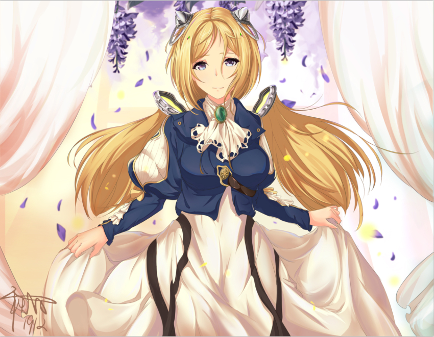 1girl aki_rosenthal akibi_yuugure ascot blonde_hair blue_jacket bob_cut brooch closed_mouth cosplay cowboy_shot curtains detached_hair dress eyelashes flower headgear hololive jacket jewelry juliet_sleeves lifting_own_clothes light_smile long_dress long_hair long_sleeves looking_at_viewer low_twintails parted_bangs puffy_sleeves purple_eyes short_hair signature skirt_hold smile solo twintails violet_(flower) violet_evergarden violet_evergarden_(cosplay) violet_evergarden_(series) virtual_youtuber white_ascot white_dress