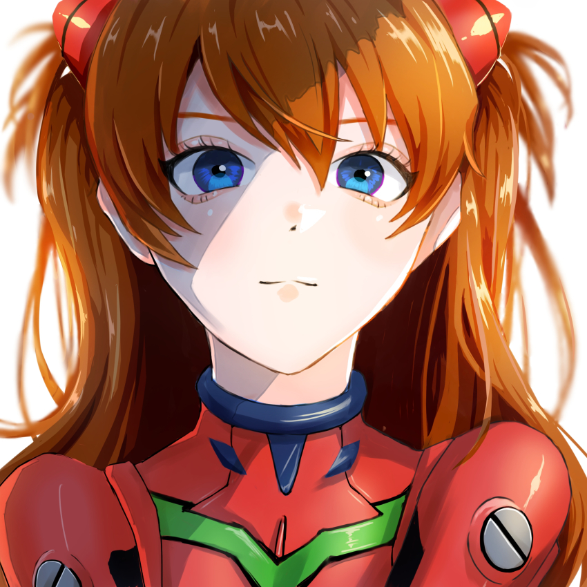 1girl blue_eyes bodysuit breasts brown_hair hair_between_eyes highres interface_headset lips long_hair looking_at_viewer neon_genesis_evangelion plugsuit shaded_face shiny_clothes shirt simple_background smile solo souryuu_asuka_langley turtleneck twintails two_side_up upper_body very_long_hair white_background yoon