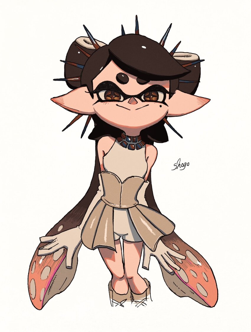 1girl :&gt; arms_at_sides artist_name bare_shoulders black_hair bow-shaped_hair brown_eyes brown_footwear brown_skirt callie_(splatoon) closed_mouth cropped_legs elbow_gloves gloves grey_gloves grey_shirt grey_shorts highres inkling long_hair long_pointy_ears looking_at_viewer mole mole_under_eye nintendo official_alternate_costume pointy_ears shirt shogo_(shogo70449442) shorts simple_background skirt sleeveless sleeveless_shirt smile solo splatoon_(series) splatoon_3 standing star-shaped_pupils star_(symbol) swept_bangs symbol-shaped_pupils tentacle_hair thick_eyebrows twintails white_background