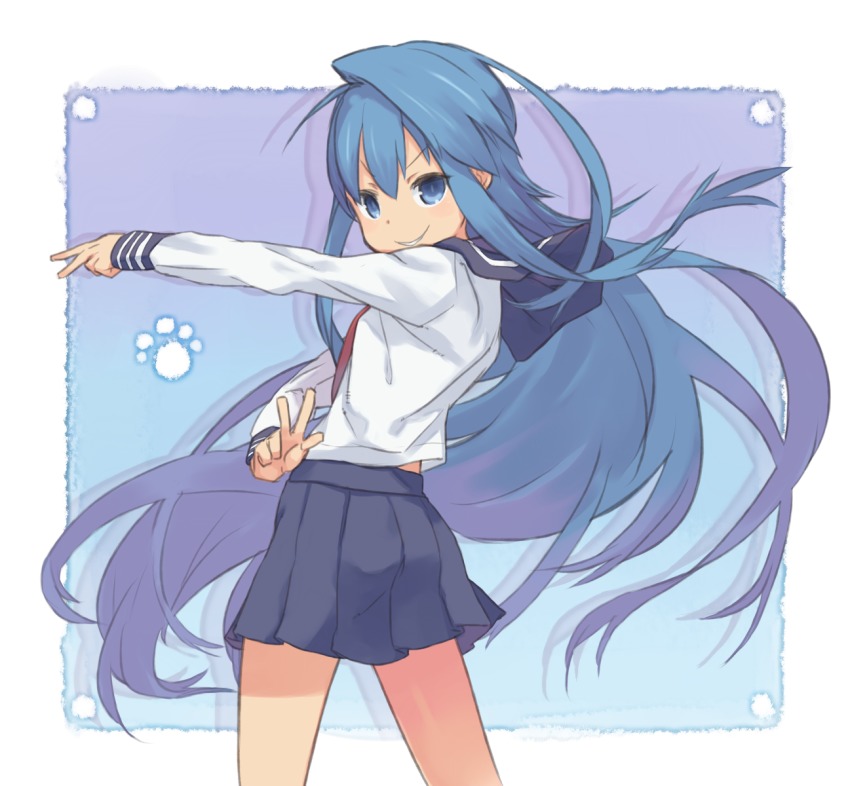 &gt;:) 1girl auru_t blue_eyes blue_hair blue_skirt blush copyright_request female_focus highres long_hair long_sleeves matching_hair/eyes outstretched_arm pleated_skirt school_uniform serafuku shirt silhouette skirt smirk solo v v-shaped_eyebrows very_long_hair w white_shirt