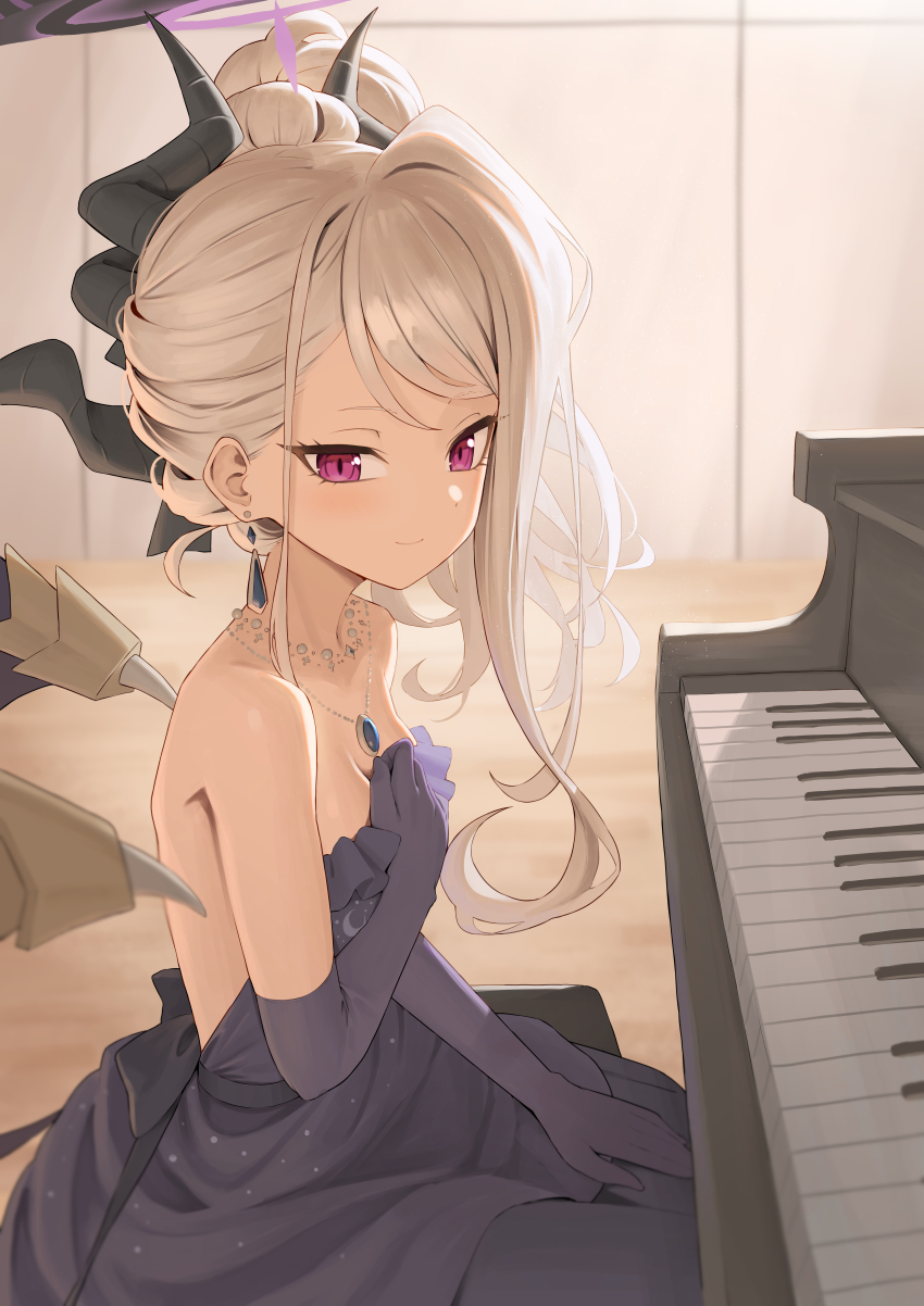 1girl absurdres asymmetrical_sidelocks blue_archive breasts commentary demon_horns demon_wings dress elbow_gloves gloves grey_hair halo highres hina_(blue_archive) hina_(dress)_(blue_archive) horns indoors instrument jewelry karadborg light_smile looking_at_viewer looking_to_the_side necklace official_alternate_costume piano purple_dress purple_eyes purple_gloves sitting small_breasts solo strapless strapless_dress wings