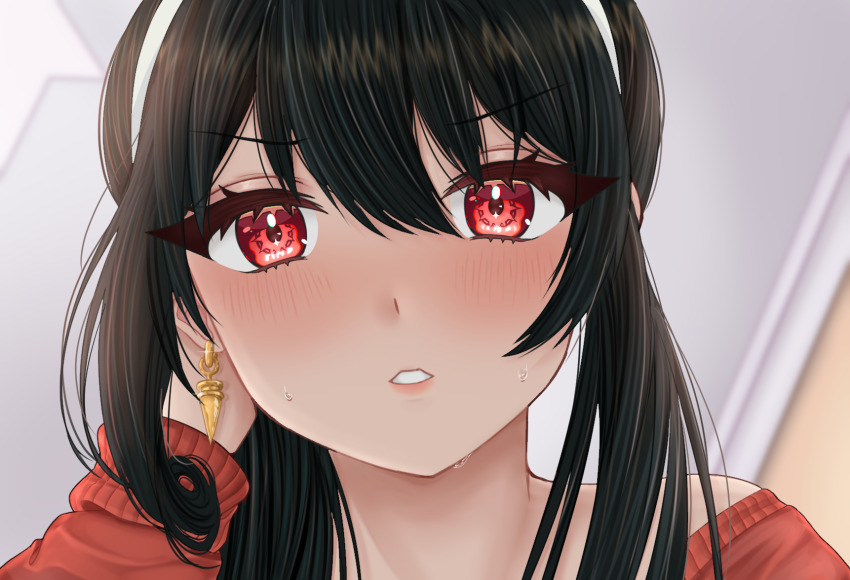 1girl black_hair blush close-up earrings hair_ornament hairband hand_up highres jewelry lips long_hair looking_at_viewer red_eyes red_shirt rosumini shirt sidelocks smile solo spy_x_family sweat teeth upper_body yor_briar