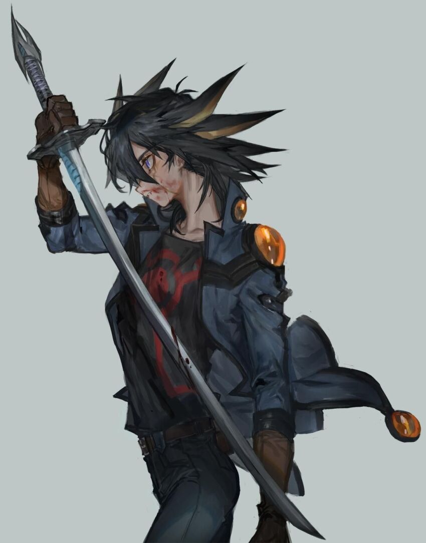 1boy belt black_hair black_pants black_shirt blood blood_on_face bloody_weapon blue_eyes blue_jacket brown_gloves fudo_yusei gloves grey_background highres holding holding_sword holding_weapon jacket looking_to_the_side male_focus momentcorefly open_clothes open_jacket pants shirt shoulder_plates sword third-party_source walking_away weapon yu-gi-oh! yu-gi-oh!_5d&#039;s