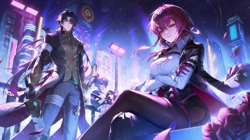 1boy 2girls absurdres against_railing arm_belt bandaged_arm bandaged_leg bandages belt black_belt black_gloves black_hair black_jacket black_pants black_pantyhose black_shorts blade_(honkai:_star_rail) boots bow breasts building chest_harness chewing chewing_gum chinese_clothes city_lights cityscape closed_mouth coattails collared_shirt covered_mouth cropped_jacket cropped_shirt crossed_arms crossed_bangs crossed_legs curly_hair drill_hair expressionless eyewear_on_head falling_petals fingerless_gloves flower glasses gloves gradient_hair grey_eyes grey_hair hair_between_eyes hair_bow harness high-waist_shorts highres holding holding_sword holding_weapon honkai:_star_rail honkai_(series) jacket jewelry kafka_(honkai:_star_rail) large_breasts long_hair long_sleeves looking_afar looking_at_viewer medium_hair muksal multicolored_hair multiple_belts multiple_girls neon_lights night night_sky open_clothes open_jacket outdoors pants pantyhose pantyhose_under_shorts parted_bangs petals pince-nez pink_eyes ponytail purple_bow purple_gloves purple_hair purple_ribbon railing red_eyes red_flower red_petals red_rose ribbon rose rose_petals round_eyewear shirt shooting_star shorts silver_wolf_(honkai:_star_rail) single-shoulder_shirt single_thigh_boot sitting sky smile sparkle spider_web_print standing star_(sky) sunglasses sword thigh_boots weapon white_shirt