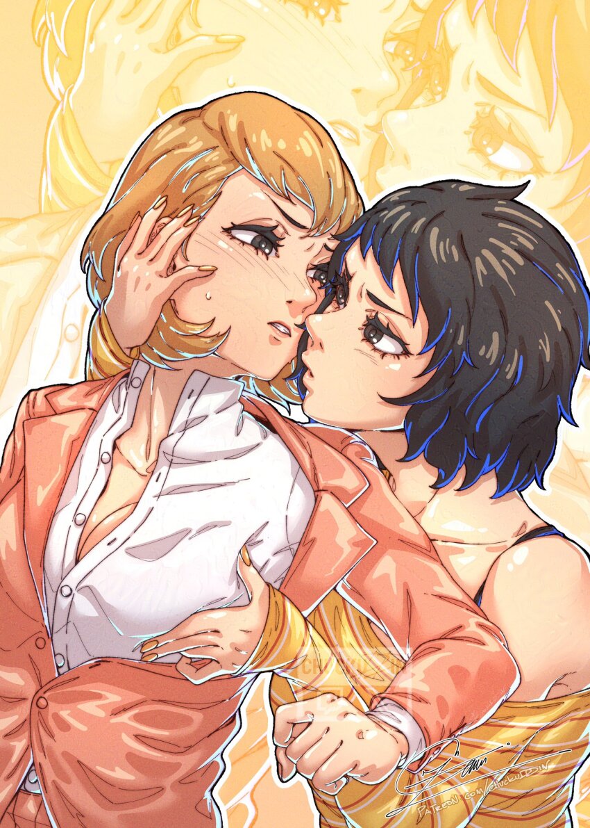 2girls artist_name blush bra_strap breasts brown_eyes brown_hair chuckuddin cleavage collarbone grabbing_another&#039;s_breast groping hand_on_another&#039;s_face highres imminent_kiss jacket kawakami_sadayo medium_breasts medium_hair multiple_girls off-shoulder_sweater off_shoulder persona persona_3 persona_5 pink_jacket shirt striped_clothes striped_shirt sweatdrop sweater toriumi_isako unbuttoned white_shirt yellow_shirt yuri