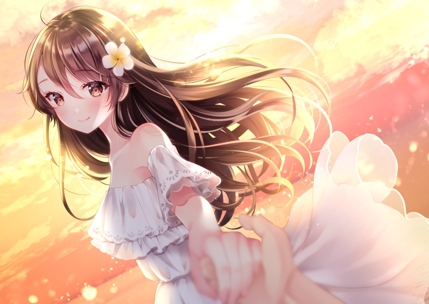 1girl blush brown_eyes brown_hair closed_mouth cloud dress flower hair_flower hair_ornament holding_hands long_hair looking_at_viewer off-shoulder_dress off_shoulder original outdoors outstretched_arm sky smile solo sundress sunlight white_dress yugaa