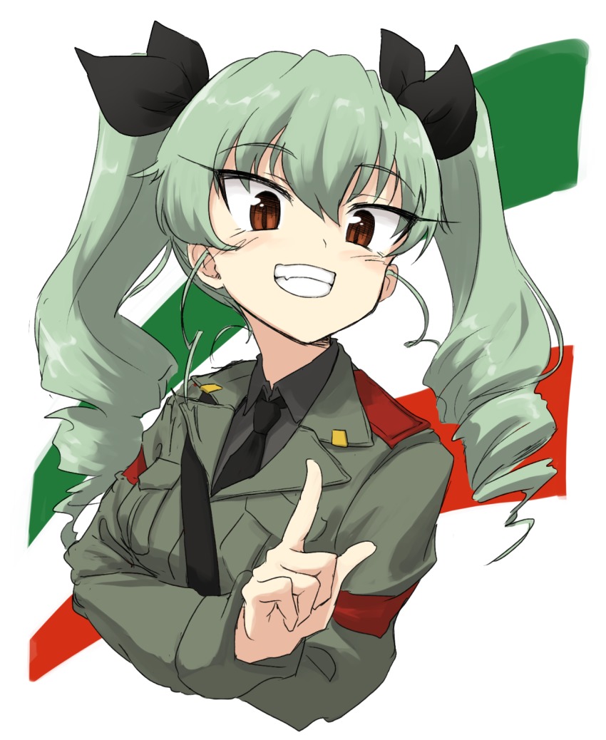 10s 1girl :d anchovy_(girls_und_panzer) black_ribbon black_shirt blush commentary_request crossed_arms dress_shirt drill_hair eyebrows fang female_focus girls_und_panzer green_hair grey_jacket hair_between_eyes hair_ornament hair_ribbon head_tilt highres jacket long_hair long_sleeves makaze_(t-junction) military military_uniform necktie open_mouth pointing pointing_up red_eyes ribbon shirt shoulder_belt simple_background smile solo twin_drills twintails upper_body