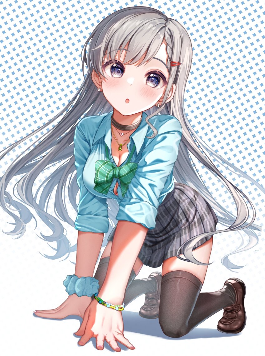 1girl :o absurdres all_fours aqua_shirt bead_bracelet beads black_choker black_thighhighs blue_eyes blue_scrunchie blush bow bowtie bracelet breasts brown_footwear choker cleavage commentary_request earrings full_body gradient_background green_bow green_bowtie grey_hair grey_skirt gyaru hair_ornament hairclip highres hisakawa_hayate idolmaster idolmaster_cinderella_girls jewelry large_breasts legs long_hair looking_at_viewer miniskirt necklace open_collar open_mouth plaid_bow plaid_bowtie plaid_clothes plaid_skirt scrunchie shirt shoes single_sidelock skirt sleeves_rolled_up solo thighhighs thighs unbuttoned unbuttoned_shirt white_background wrist_scrunchie yugao_(kam_pom37) zettai_ryouiki