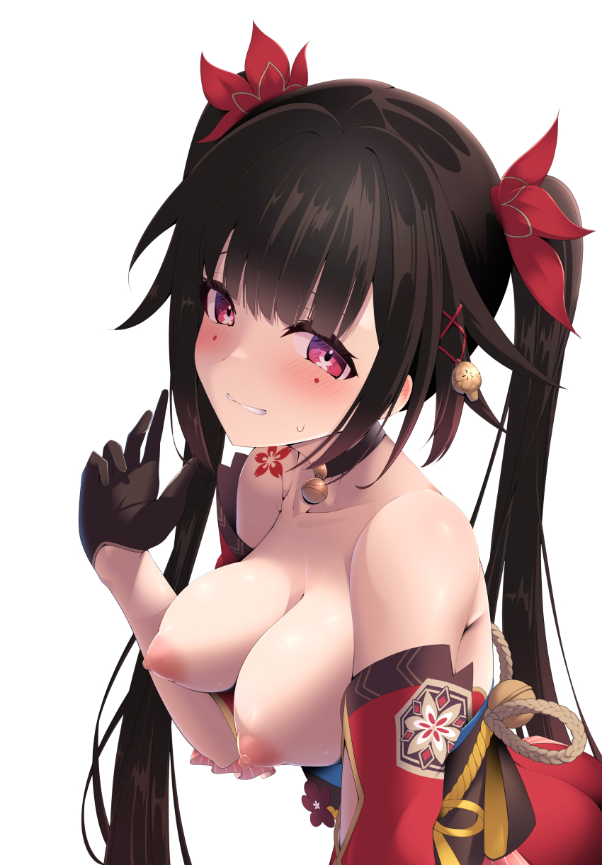 1girl absurdres bare_shoulders bell black_choker black_gloves black_hair breasts choker cleavage clenched_teeth detached_sleeves dress facial_mark gloves hair_ornament hand_up highres honkai:_star_rail honkai_(series) japanese_clothes jingle_bell leaning_forward long_hair looking_at_viewer medium_breasts nipples no_mask obi red_dress red_eyes rope sash shimenawa shoulder_tattoo solo sparkle_(honkai:_star_rail) sweatdrop tattoo teeth tetori_(tetolisto) twintails upper_body