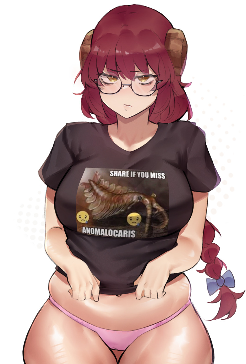 1girl absurdres anomalocaris bespectacled black_shirt bow braid breasts brown_hair cameltoe commission deccatezu fate/grand_order fate_(series) glasses hair_bow highres large_breasts mary_anning_(fate) navel panties pink_panties plump sad_emoji shirt solo thighs underwear