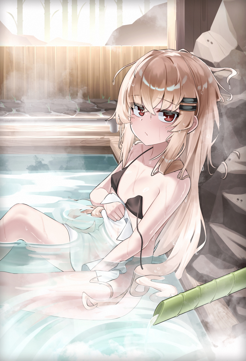 1girl absurdres bathing bikini black_bikini blonde_hair closed_mouth di_le_to girls&#039;_frontline highres long_hair looking_at_viewer onsen red_eyes sitting solo steam swimsuit towel type_80_(girls&#039;_frontline) wet