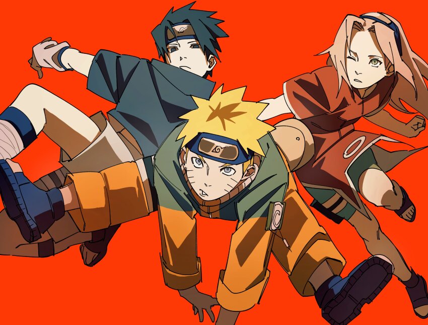 1girl 2boys absurdres black_hair black_shorts blonde_hair blue_eyes blue_jacket blue_shirt china_dress chinese_clothes dress forehead_protector group_picture haruno_sakura highres jacket long_hair multicolored_clothes multicolored_jacket multiple_boys naruto naruto_(series) orange_jacket pink_hair pnpk_1013 red_background red_dress shirt short_hair shorts simple_background spiked_hair two-tone_jacket uchiha_sasuke uzumaki_naruto white_shorts