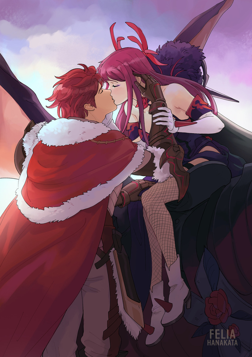 1boy 1girl bare_shoulders boots cape commentary detached_sleeves diamant_(fire_emblem) felia_hanakata fire_emblem fire_emblem_engage fishnets fur-trimmed_cape fur_trim gloves hetero high_heel_boots high_heels highres ivy_(fire_emblem) kiss long_hair nintendo purple_hair red_cape red_hair short_hair short_sleeves sitting white_footwear white_gloves