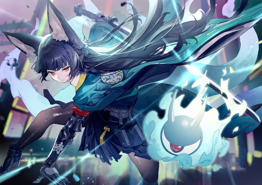 1girl animal_ear_fluff animal_ears aqua_jacket belt black_gloves black_hair black_skirt blunt_bangs boots braid bukurote collared_shirt fingerless_gloves fox_ears fox_girl gloves grey_pantyhose high-waist_skirt hoshimi_miyabi jacket katana long_hair long_sleeves looking_at_viewer necktie pantyhose prosthesis prosthetic_arm red_eyes shirt sidelocks single_fingerless_glove skirt solo sword weapon white_shirt zenless_zone_zero