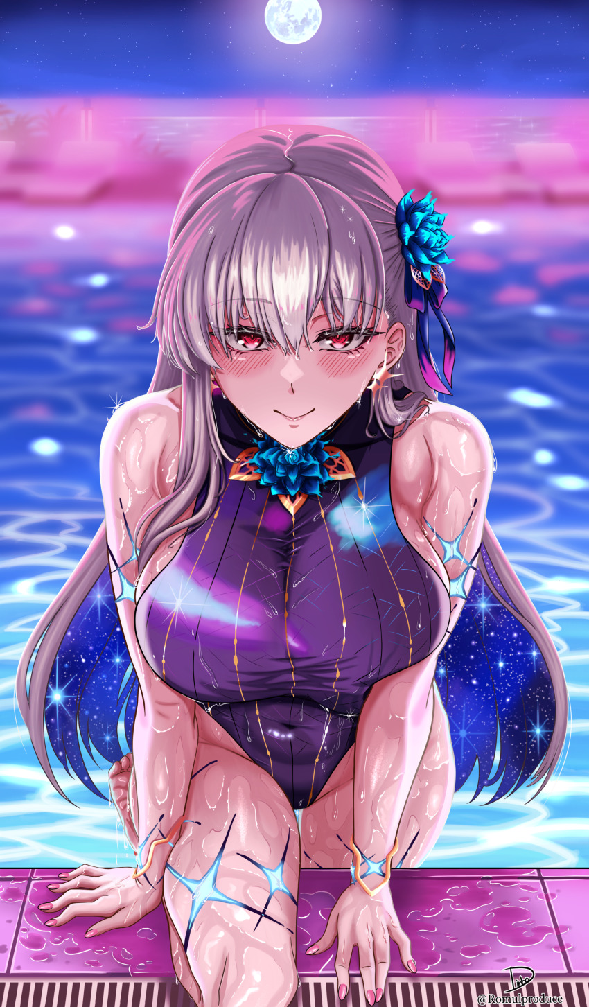 1girl absurdres bare_shoulders blue_hair blush body_markings bracelet breasts competition_swimsuit earrings fate/grand_order fate_(series) flower hair_flower hair_ornament hair_ribbon highleg highleg_one-piece_swimsuit highres jewelry kama_(fate) kama_(swimsuit_avenger)_(fate) kama_(swimsuit_avenger)_(third_ascension)_(fate) large_breasts long_hair looking_at_viewer lotus lotus_hair_ornament metal_bracelet moon multicolored_hair navel one-piece_swimsuit pool red_eyes ribbon romulproduce sleeveless sleeveless_turtleneck smile solo star_(symbol) star_earrings starry_hair swimsuit thighs turtleneck turtleneck_one-piece_swimsuit two-tone_hair white_hair