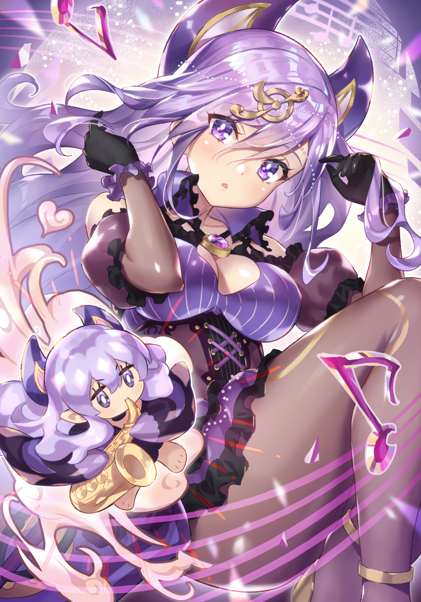 1girl absurdres anklet black_gloves black_pantyhose breasts brooch chibi cleavage detached_sleeves dress duel_monster eyes_visible_through_hair fortissimo frilled_gloves frills gem gloves hair_ornament highres horns instrument jewelry long_hair looking_at_viewer looking_back musical_note musical_note_hair_ornament pantyhose purple_dress purple_eyes purple_hair saxophone sodoremichord_gracea wan89 yu-gi-oh!