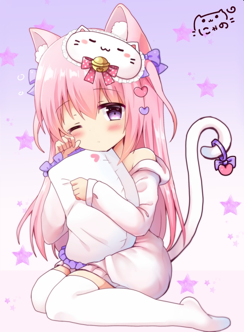 1girl absurdres animal_ears bare_shoulders bell blush bow cat_ears cat_girl cat_tail commentary_request female_focus frilled_pillow frills hair_between_eyes hair_bow hair_ornament head_tilt heart heart_hair_ornament highres hood hood_down hugging_object jingle_bell long_hair long_sleeves no_shoes nyano21 off_shoulder one_eye_closed original parted_lips pillow pillow_hug pink_bow pink_hair polka_dot polka_dot_bow purple_bow purple_eyes rubbing_eyes short_jumpsuit sidelocks signature sitting sleepy solo star_(symbol) tail tail_bow tail_ornament thighhighs two_side_up very_long_hair white_thighhighs yokozuwari