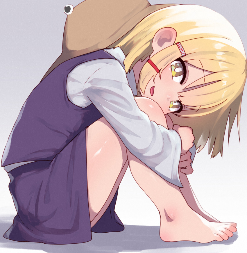 1girl :d absurdres artist_name bare_legs barefoot blonde_hair blush bright_pupils commentary_request double-parted_bangs ear_blush from_side gradient_background grey_background hair_between_eyes hair_ribbon happy hat highres hugging_own_legs knees_up long_sleeves looking_at_viewer looking_to_the_side medium_hair moriya_suwako open_mouth purple_skirt purple_vest red_ribbon ribbon sidelocks simple_background skirt skirt_set smile solo tekina_(chmr) toes touhou unworn_hat unworn_headwear vest white_pupils yellow_eyes