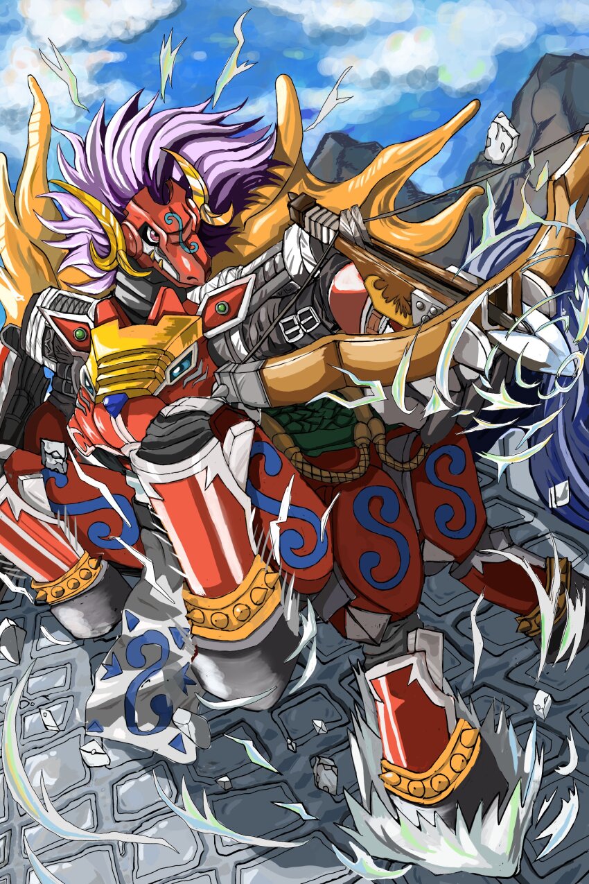 absurdres armor arrow_(projectile) digimon digimon_(creature) highres long_hair purple_hair sleipmon solo spikes