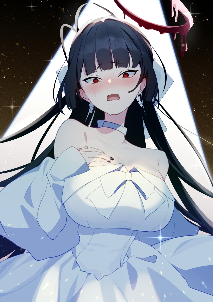 1girl absurdres bare_shoulders black_hair black_nails blue_archive blush breasts choker earrings halo highres jewelry kairu_(pixiv44336160) large_breasts long_hair looking_at_viewer open_mouth red_eyes solo tsurugi_(blue_archive) tsurugi_(dress)_(blue_archive)