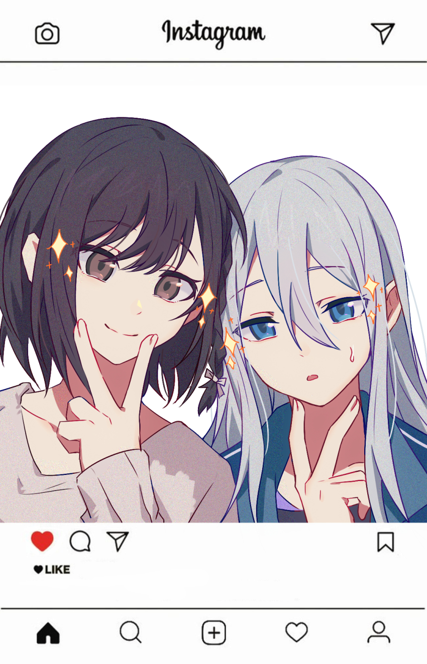 2girls bent_v black_hair black_shirt blue_eyes blue_jacket bob_cut brown_eyes closed_mouth collarbone fingernails grey_hair grey_shirt hair_between_eyes hand_up highres instagram inward_v jacket long_bangs long_hair looking_at_viewer multiple_girls open_clothes open_jacket parted_lips portrait project_sekai shinonome_ena shirt short_hair sidelocks simple_background smile sparkle sweatdrop v white_background ximuye yoisaki_kanade