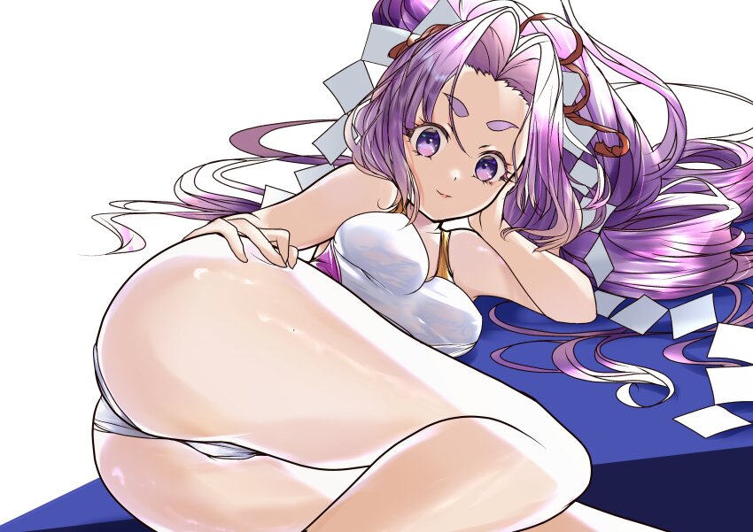 1girl absurdres breasts feet_out_of_frame hatsuharu_(kancolle) hatsuharu_kai_ni_(kancolle) highres hikimayu kantai_collection long_hair looking_at_viewer lying matsurika_(harusutain) medium_breasts on_side one-piece_swimsuit ponytail purple_eyes purple_hair shide short_eyebrows solo swimsuit white_one-piece_swimsuit