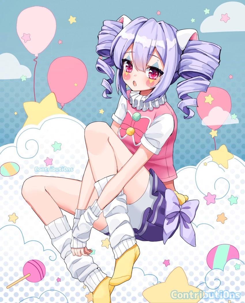 1girl 2000s_(style) animal_ears balloon bow cat_ears cat_girl cloud clown contributi0ns drill_hair highres leg_warmers makeup original pleated_skirt pom_pom_(clothes) purple_hair purple_skirt red_eyes short_hair short_sleeves sitting skirt socks solo star_(symbol) twin_drills watermark yellow_socks yume_kawaii