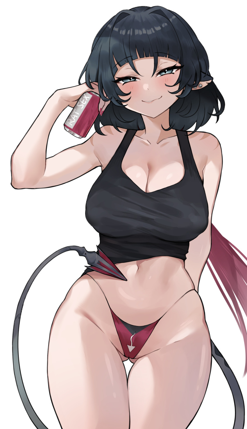 1girl absurdres animal_ears black_hair breasts can cleavage collarbone commentary english_commentary gluteal_fold grey_eyes highres holding holding_can jane_doe_(zenless_zone_zero) large_breasts long_hair looking_at_viewer mouse_ears mouse_girl multicolored_hair navel panties red_hair red_panties simple_background sleepy_(mu68968) smile solo standing tail thigh_gap thighs two-tone_hair underwear white_background zenless_zone_zero