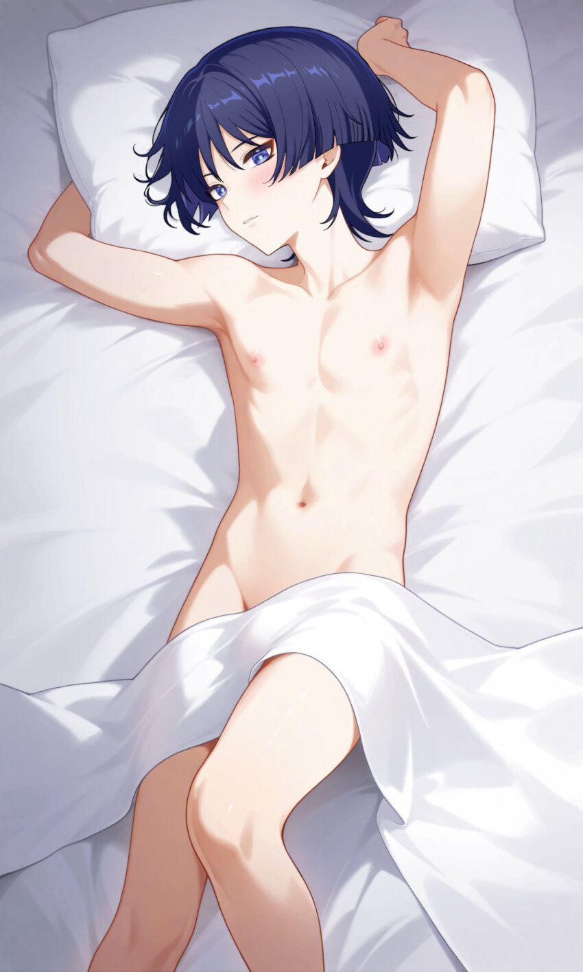 1boy arms_up blanket closed_mouth genshin_impact hair_between_eyes highres looking_at_viewer lying male_focus navel nipples nude pillow purple_eyes purple_hair ren_hasu scaramouche_(genshin_impact) short_hair solo stomach