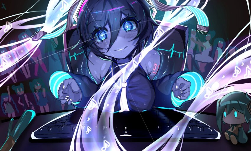 +_+ 6+girls ai-generated_encore_(meme) blue_eyes eighth_note glowing glowing_hair glowing_neckwear hatsune_miku long_sleeves looking_at_viewer meme multiple_girls musical_note necktie parted_lips sarruro smile solo_focus vocaloid white_nails