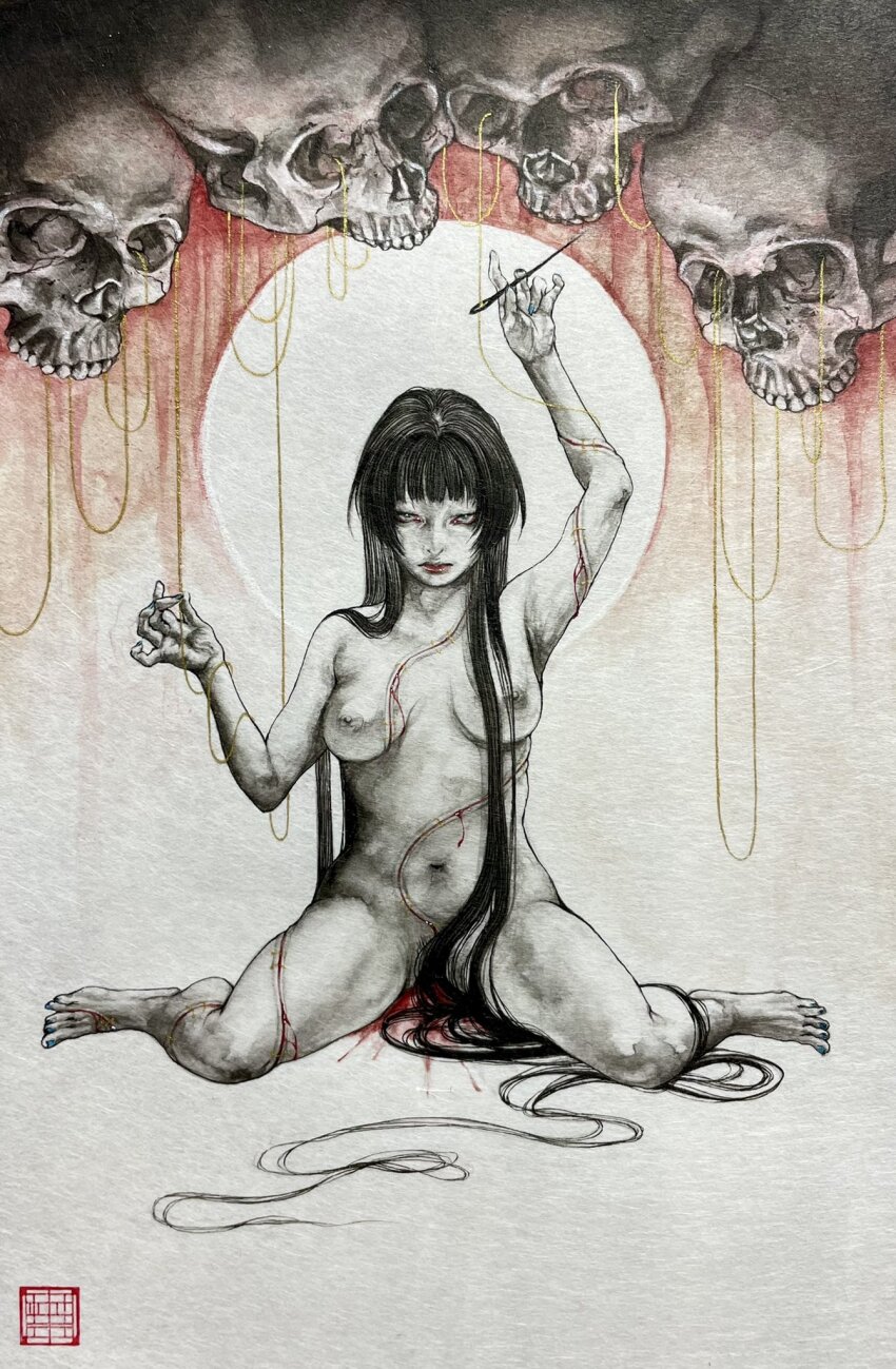 1girl arm_up black_hair bleeding blood breasts commentary_request completely_nude cuts expressionless hair_censor highres holding holding_needle injury long_hair looking_at_viewer medium_breasts meimaro needle nipples nude original painting_(medium) red_lips sewing_needle sitting skull solo thread traditional_media very_long_hair