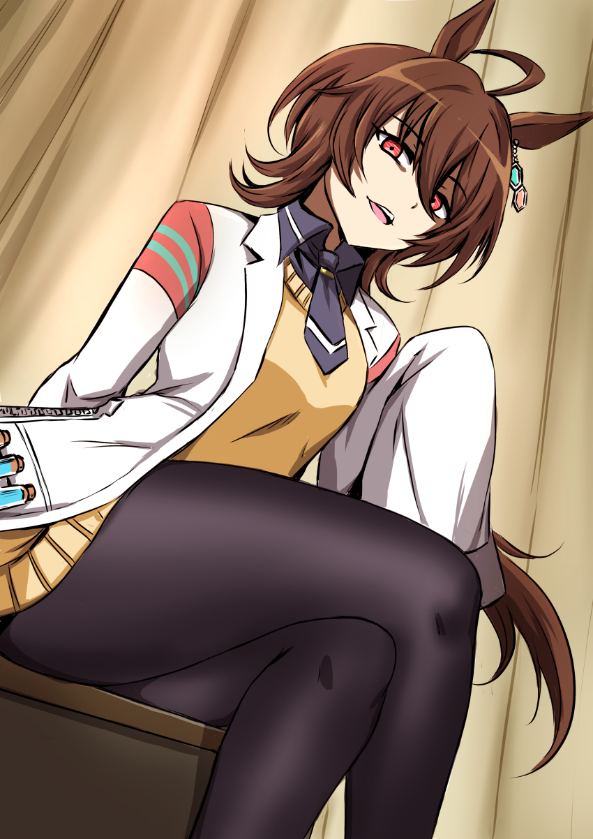 absurdres agnes_tachyon_(umamusume) animal_ears box_wonderland brown_hair crossed_legs hair_ornament highres horse_ears horse_girl horse_tail indoors lab_coat looking_at_viewer open_mouth pantyhose red_eyes short_hair sitting sitting_on_table sweater table tail umamusume yellow_sweater