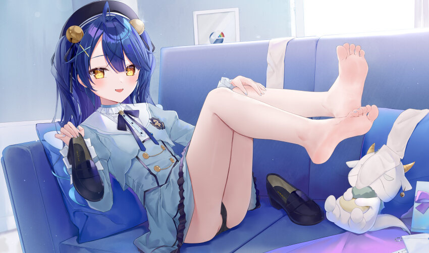 1girl amamiya_kokoro barefoot blue_hair blush couch dark_blue_hair feet hand_on_own_knee highres kou_futoshi loafers long_hair looking_at_viewer nijisanji open_mouth panties pantyshot shoes soles toes underwear unworn_shoes unworn_socks virtual_youtuber yellow_eyes