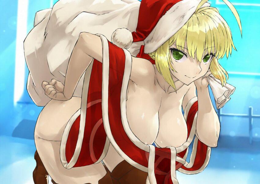 1girl ahoge bare_shoulders blonde_hair breasts cleavage closed_mouth dress fate_(series) green_eyes hair_between_eyes haraya_manawari hat large_breasts looking_at_viewer nero_claudius_(fate) nero_claudius_(fate)_(all) red_dress santa_costume santa_hat sidelocks smile solo