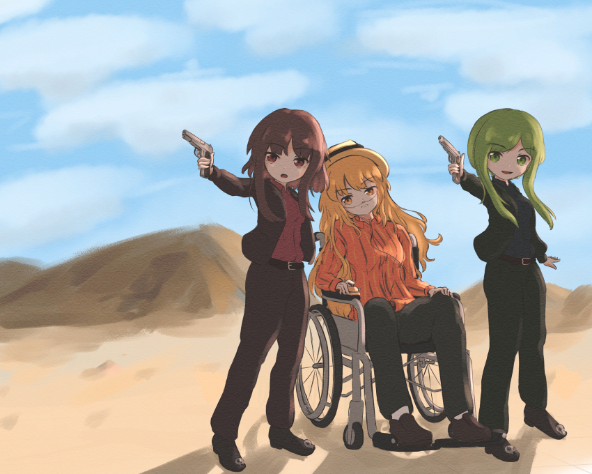 3girls absurdres alternate_costume blonde_hair breaking_bad brown_eyes brown_hair cosplay desert green_eyes green_hair gun handgun hat hector_salamanca hector_salamanca_(cosplay) highres holding holding_gun holding_weapon kokowoch matara_okina multiple_girls nishida_satono shadow teireida_mai touhou weapon wheelchair yellow_eyes yellow_hat