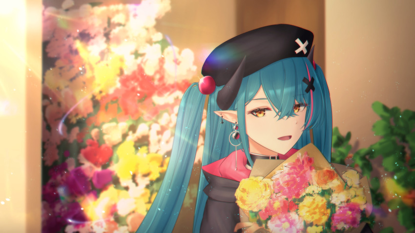 1girl absurdres beret black_choker black_hat black_jacket blue_hair bouquet chinese_commentary choker commission demon_girl demon_horns flower haru_(moyun17) hat highres holding holding_bouquet horns jacket karon_(vtuber) karon_official lens_flare multicolored_hair nijisanji open_mouth pink_hair portrait second-party_source solo streaked_hair two_side_up virtual_youtuber virtuareal