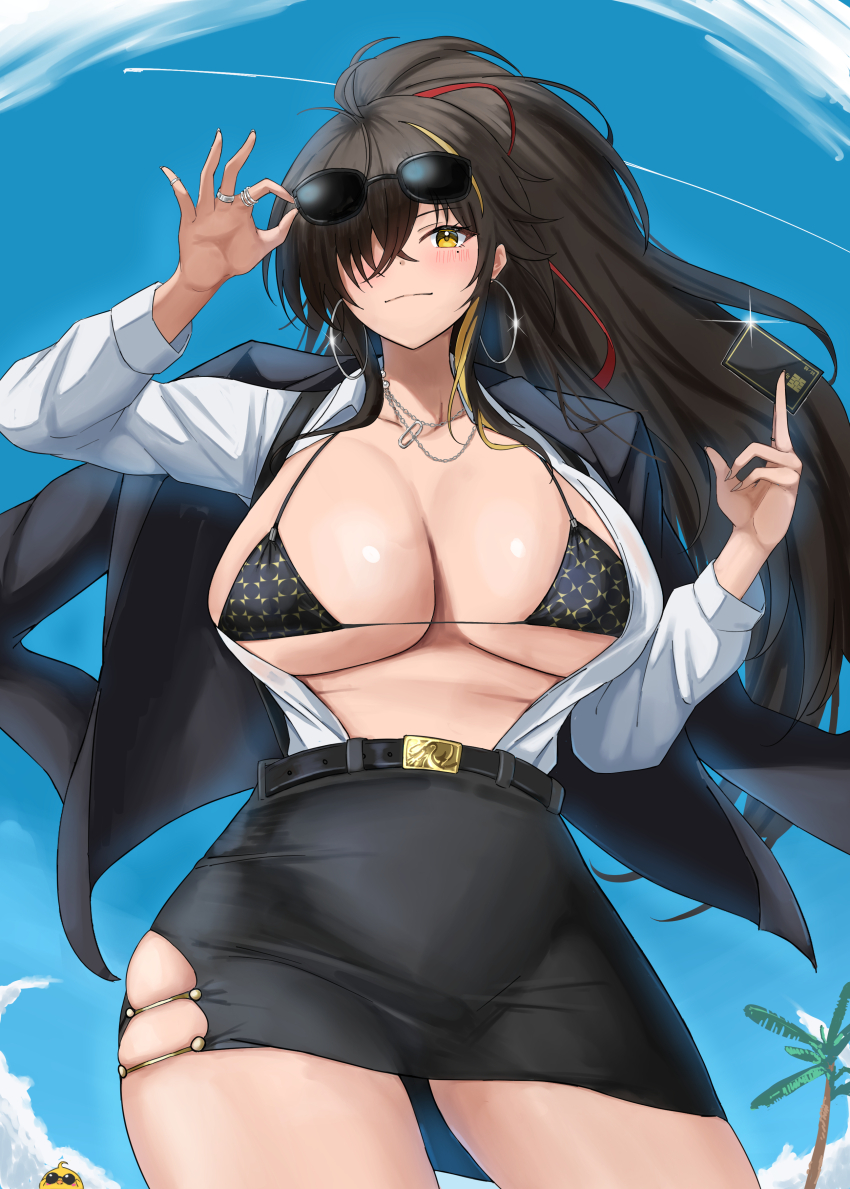 1girl absurdres adjusting_eyewear azur_lane belt bikini bird black_belt black_bikini black_hair black_jacket black_skirt blonde_hair blue_sky blush breasts card chick cleavage closed_mouth cloud collarbone commentary_request contrail cowboy_shot credit_card crossed_bangs day earrings eyewear_on_head glint hair_between_eyes hair_over_one_eye harbin_(azur_lane) harbin_(set_sail_for_summer_treasure)_(azur_lane) highres holding holding_card hoop_earrings jacket jacket_on_shoulders jewelry large_breasts long_hair long_sleeves looking_at_viewer manjuu_(azur_lane) miniskirt mole mole_under_eye multicolored_hair necklace official_alternate_costume open_clothes open_shirt palm_tree pencil_skirt red_hair ring shirt shirt_tucked_in sidelocks skirt sky smile solo soul_(dp11) standing streaked_hair sunglasses swimsuit tree white_shirt yellow_eyes