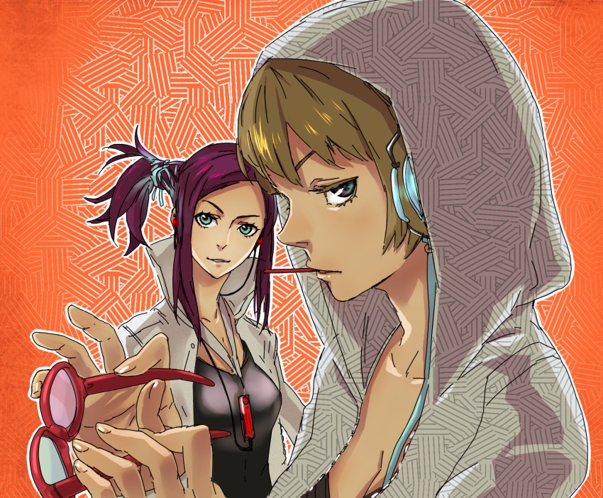 2girls bad_id bad_pixiv_id blonde_hair blue_eyes digital_media_player earphones unworn_eyewear food glasses headphones highres holding holding_removed_eyewear hood hoodie jacket long_hair mouth_hold multiple_girls nadzomi_viro original pocky popped_collar purple_hair short_hair side_ponytail