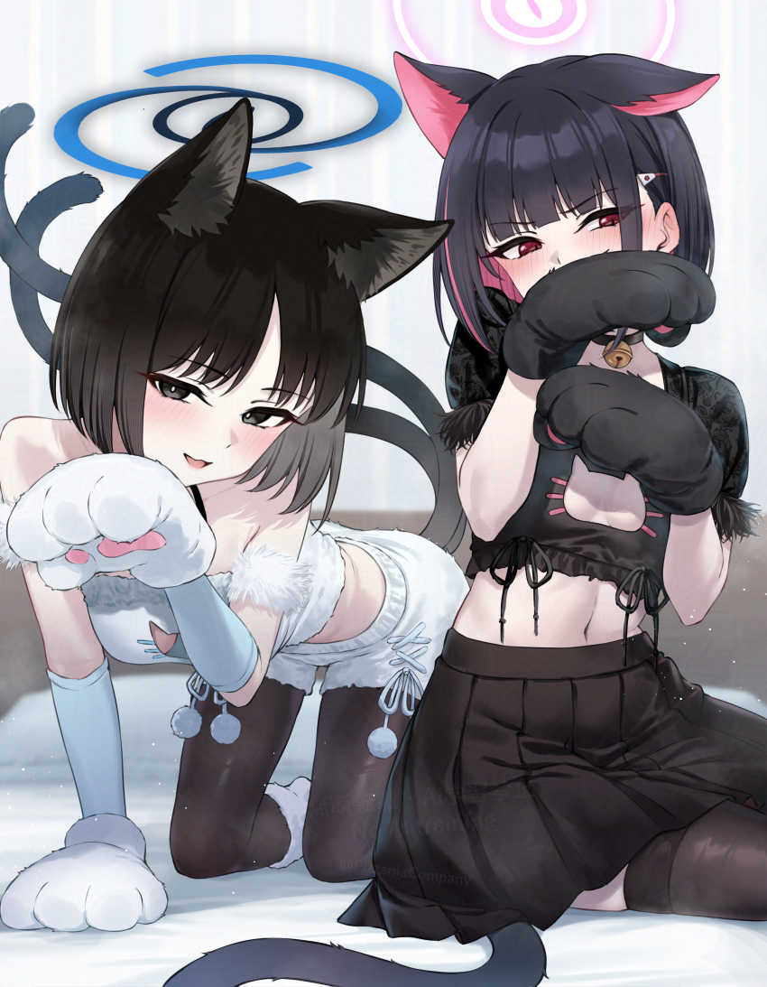 2girls absurdres all_fours alternate_costume animal_ears animal_hands averting_eyes bare_shoulders bed bell black_choker black_hair black_pantyhose black_skirt black_thighhighs blue_archive blue_halo blunt_bangs blush breasts bright_pupils cat_cutout cat_day cat_ears cat_tail choker cleavage_cutout clothing_cutout colored_inner_animal_ears colored_inner_hair commentary_request covering_own_mouth embarrassed extra_ears fur-trimmed_sleeves fur_trim gloves hair_ornament halo highres kazusa_(blue_archive) kikyou_(blue_archive) looking_at_viewer medium_breasts midriff multicolored_hair multiple_girls multiple_tails navel neck_bell on_bed open_mouth pantyhose paw_gloves pink_hair pink_halo pizza_(pizzania_company) pleated_skirt pom_pom_(clothes) red_eyes short_hair short_sleeves shorts sitting skirt small_breasts smile socks socks_over_pantyhose tail thighhighs two-tone_hair two_tails watermark white_pupils white_shorts white_sleeves white_socks