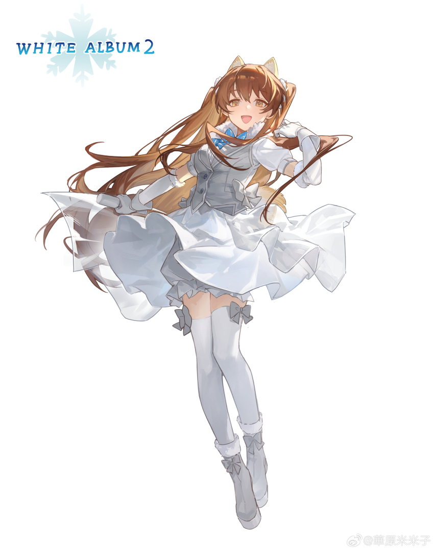 1girl :d absurdres ankle_boots blue_bow blue_bowtie boots bow bowtie breasts brown_eyes brown_hair dress elbow_gloves floating_hair full_body gloves hair_between_eyes highres holding holding_microphone looking_at_viewer medium_breasts microphone mikou_(mikou_minnow) official_alternate_costume ogiso_setsuna open_mouth smile solo standing thighhighs twintails white_album_(series) white_album_2 white_background white_dress white_gloves white_thighhighs