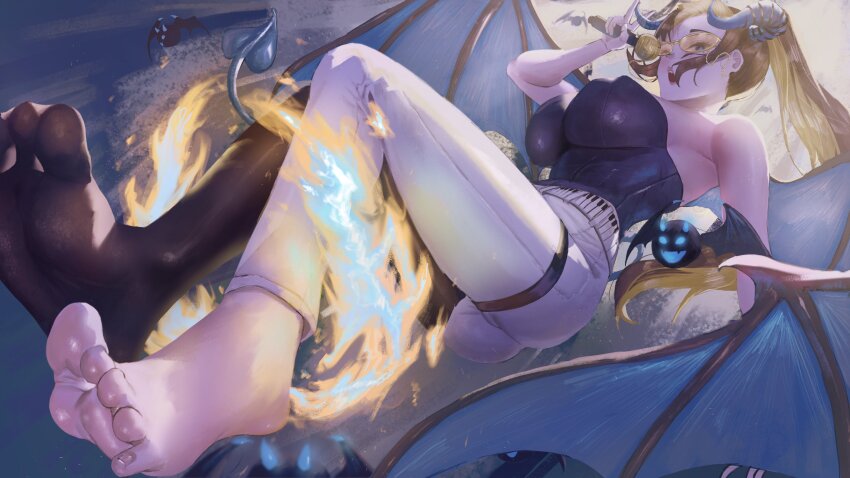 1girl absurdres ass bare_shoulders barefoot belt black_pantyhose blonde_hair blue_eyes blue_wings breasts character_request copyright_request demon_horns demon_tail demon_wings feet foot_focus foreshortening glasses hand_up highres holding holding_microphone horn_ornament horn_ring horns large_breasts legs microphone midair no_shoes open_mouth pantyhose ponytail rito_(ritoxiaying) sidelocks single_leg_pantyhose soles solo strapless tail teeth tinted_eyewear toes upper_teeth_only wings