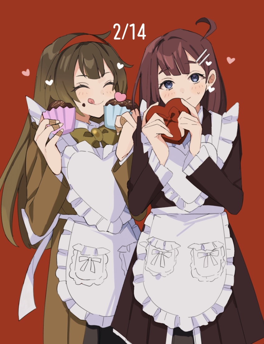 2girls :q ^_^ ahoge apron bandaid bandaid_on_hand blue_eyes bow bowtie box brown_dress brown_hair closed_eyes collared_dress cupcake dated dress feet_out_of_frame food food_on_face hair_ornament hairband hairclip heart heart-shaped_box highres hod_(project_moon) holding holding_box holding_food library_of_ruina long_hair looking_at_viewer malkuth_(project_moon) medium_hair mu46016419 multiple_girls project_moon red_background red_hairband smile sweatdrop tongue tongue_out valentine white_apron yellow_bow yellow_bowtie