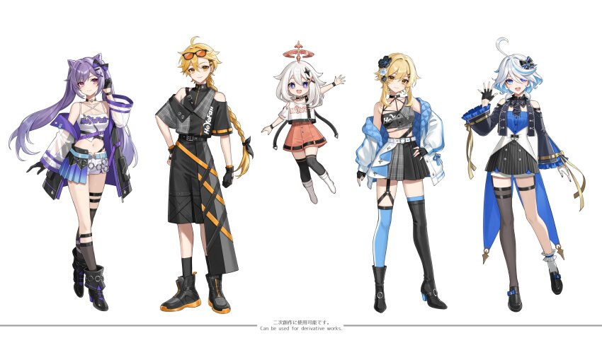 1boy 4girls absurdres aether_(genshin_impact) amaichi_esora asymmetrical_footwear asymmetrical_gloves asymmetrical_legwear bare_shoulders black_footwear black_gloves black_socks blonde_hair blue_eyes blue_thighhighs boots closed_mouth cone_hair_bun double_bun fingerless_gloves flying full_body furina_(genshin_impact) genshin_impact gloves hair_between_eyes hair_bun half_gloves hand_on_own_hip hand_up highres jacket keqing_(genshin_impact) long_hair long_sleeves looking_at_viewer lumine_(genshin_impact) midriff mismatched_gloves mismatched_legwear multiple_girls navel open_clothes open_jacket open_mouth paimon_(genshin_impact) purple_hair shoes short_hair short_hair_with_long_locks simple_background smile socks standing thighhighs twintails uneven_footwear uneven_legwear white_background white_hair white_socks yellow_eyes