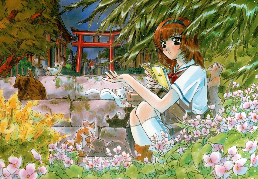 1990s_(style) 1girl animal animal_on_back architecture artbook black_eyes black_hairband black_skirt book building cat cloud cloudy_sky east_asian_architecture flower foliage hairband hand_up high-waist_skirt highres holding holding_book ishida_atsuko kitten leaf light_blush looking_ahead medium_hair moss nail_polish neckerchief open_book open_hand orange_hair original outdoors parted_lips pink_flower pink_nails plaid_clothes plaid_neckerchief pleated_skirt rain red_neckerchief retro_artstyle scan school_uniform shirt_tucked_in short_sleeves skirt sky socks solo squatting stairs stitched taking_shelter teeth third-party_edit third-party_source torii traditional_media tree under_tree water_drop white_socks yellow_flower