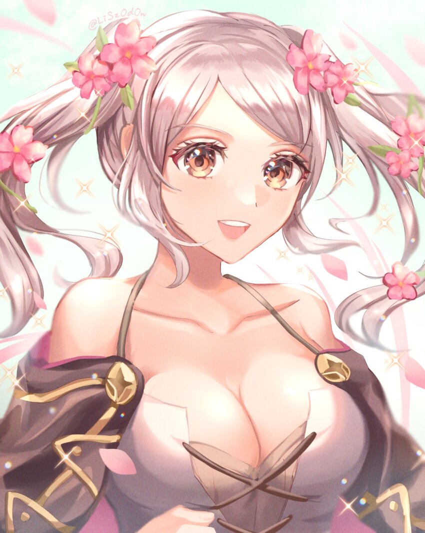 1girl :d bare_shoulders blush breasts brown_eyes cleavage collarbone dress fire_emblem fire_emblem_awakening fire_emblem_heroes flower grey_hair hair_flower hair_ornament highres large_breasts long_hair looking_at_viewer nintendo official_alternate_costume open_mouth robin_(female)_(fire_emblem) robin_(female)_(valentine)_(fire_emblem) robin_(fire_emblem) sleeveless smile solo twintails upper_body youhei_choregi