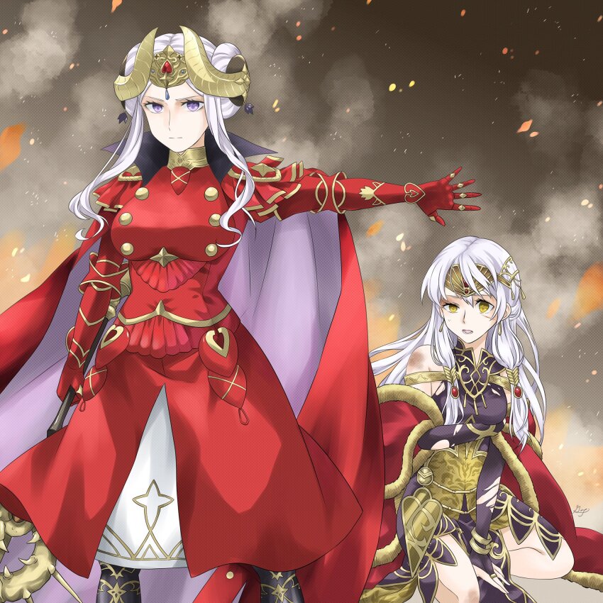 2girls axe aymr_(fire_emblem) black_dress bridal_gauntlets bruise cape circlet coat commission double_bun dress edelgard_von_hresvelg fire_emblem fire_emblem:_radiant_dawn fire_emblem:_three_houses gauntlets gloves grey_hair hair_bun hair_ornament highres holding holding_axe horn_ornament horns injury kneeling long_hair micaiah_(fire_emblem) micaiah_(radiant_queen)_(fire_emblem) midori_no_baku multiple_girls nintendo pixiv_commission purple_eyes red_cape red_coat serious side_slit sleeveless sleeveless_dress smoke standing tiara torn_clothes torn_dress torn_gloves turtleneck turtleneck_dress white_hair yellow_eyes