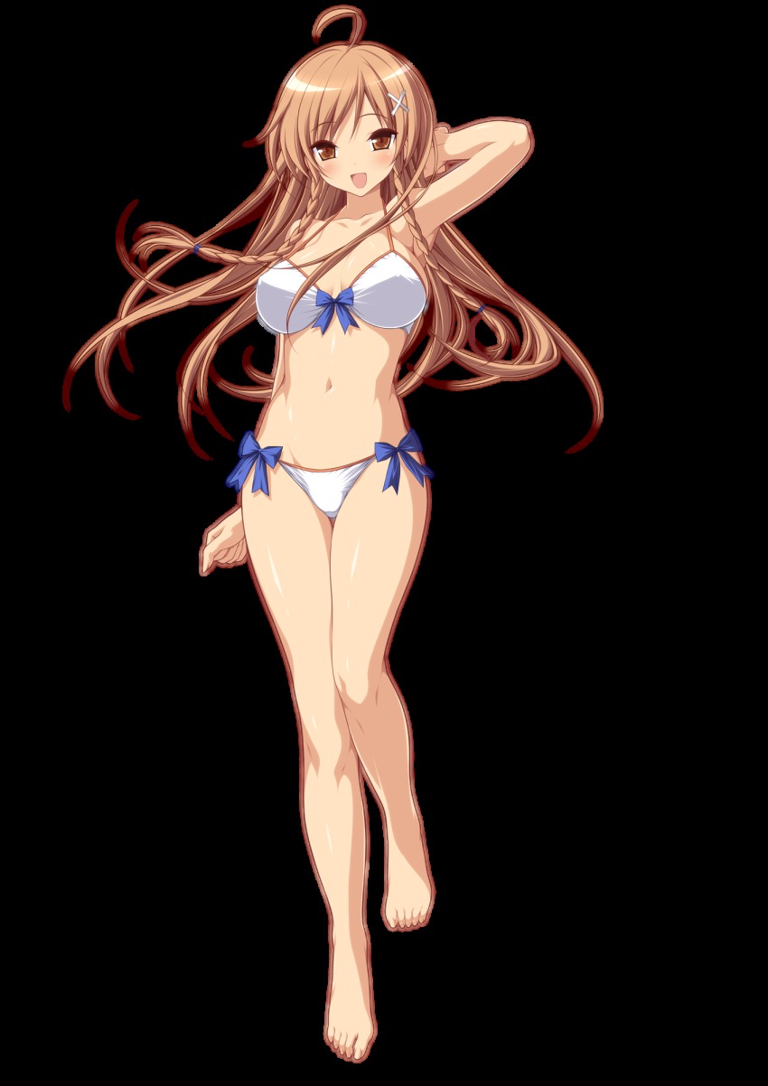 1girl :d ahoge armpits barefoot bikini blush braid brown_eyes brown_hair culture_japan full_body hair_ornament highres koku long_hair navel open_mouth shiny_skin smile suenaga_mirai swimsuit thigh_gap transparent_background twin_braids white_bikini