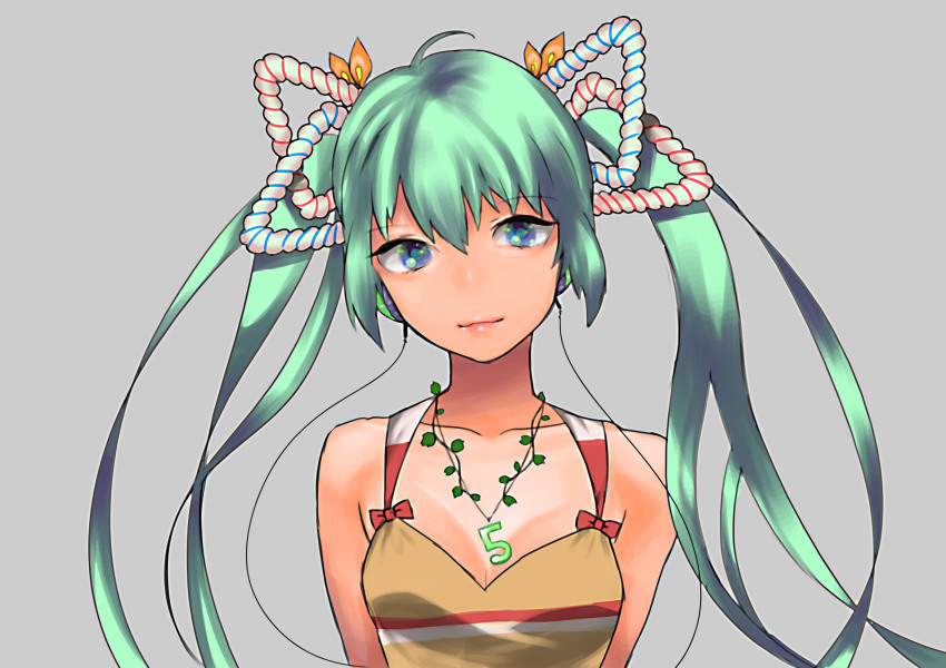 1girl aqua_eyes aqua_hair bad_id bad_pixiv_id female_focus hag_(hag_015) hatsune_miku headphones highres jewelry long_hair looking_at_viewer necklace no_nose simple_background smile solo twintails vocaloid