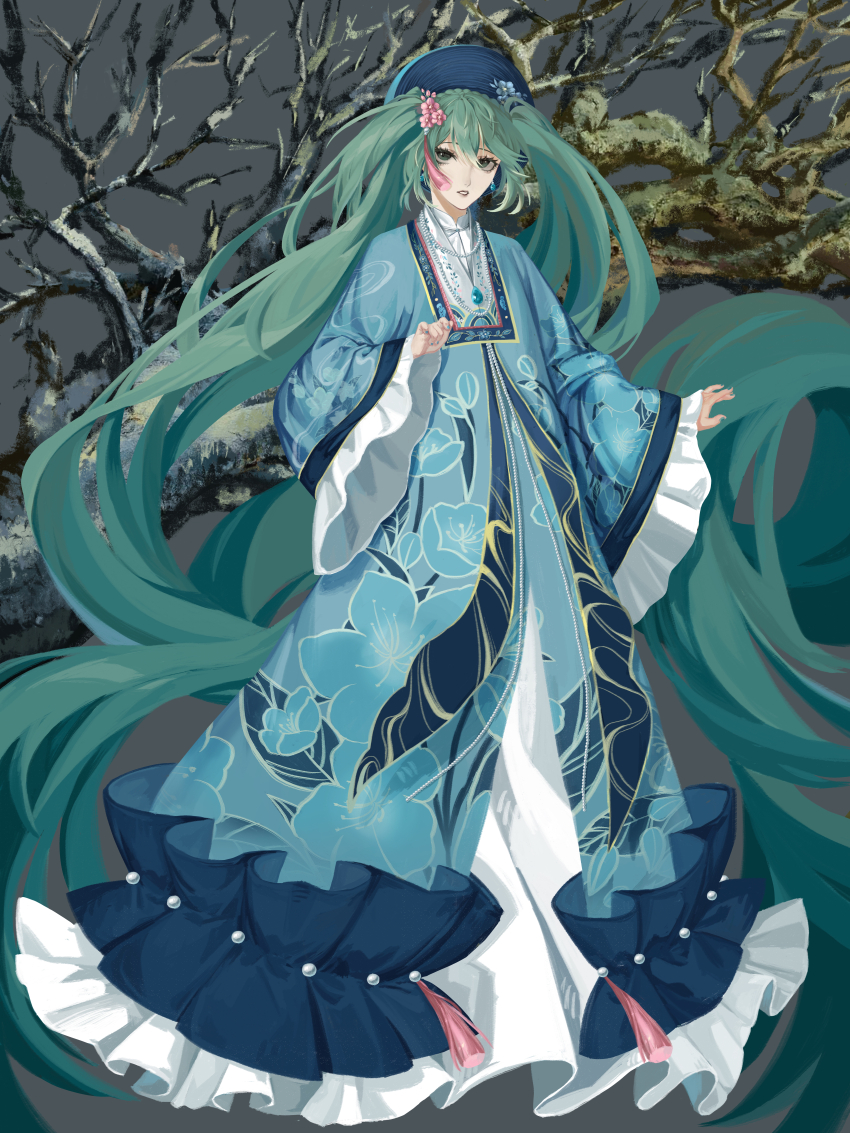 1girl absurdly_long_hair absurdres ao_nhat_binh aqua_hair blue_flower ci_nn dress flower frilled_dress frills full_body green_eyes hair_flower hair_ornament hatsune_miku highres jewelry khan_van long_hair long_sleeves necklace pink_flower print_dress solo tree very_long_hair vietnam vietnamese_clothes vocaloid wide_sleeves worldwide_miku