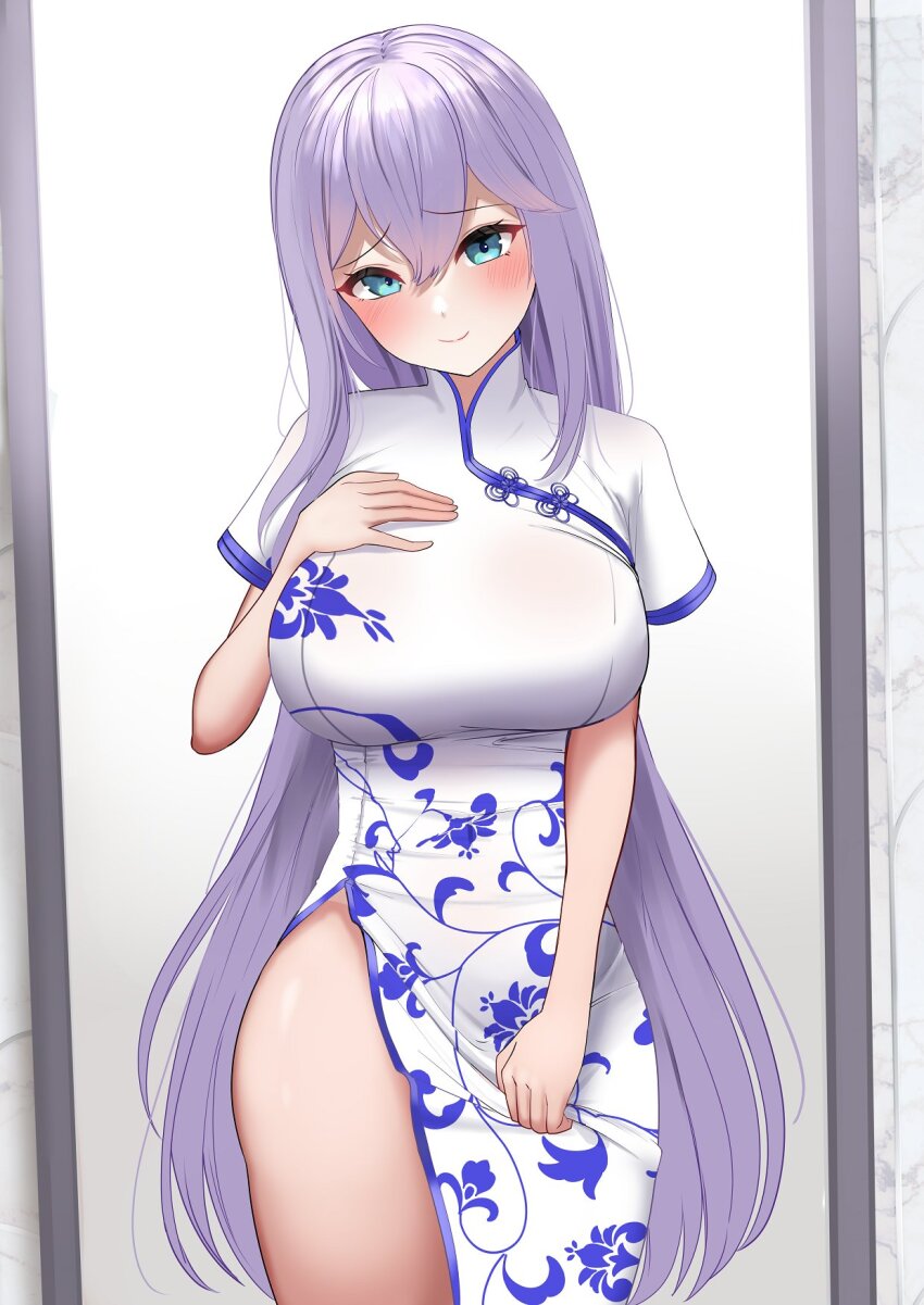 1girl alexandra_viktorovna_dashkova_(tukikagerou) amemiya_arikapu blue_eyes blush breasts china_dress chinese_clothes closed_mouth commission dress hand_on_own_chest highres indoors large_breasts long_hair looking_at_viewer original print_dress purple_hair second-party_source side_slit skeb_commission solo thighs white_dress